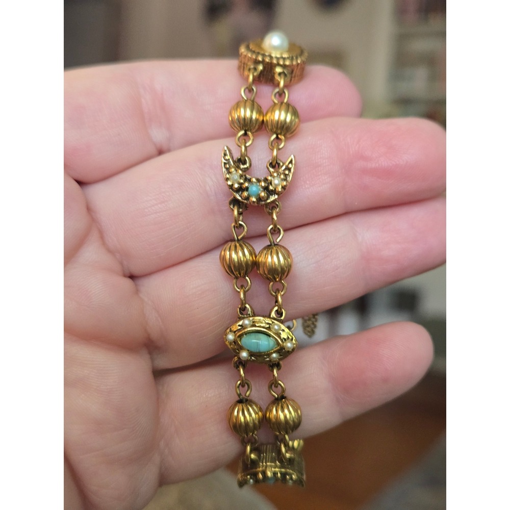 Goldette Unsigned Slide Bracelet Goldtone Victorian Revival Safety Chain Vintage